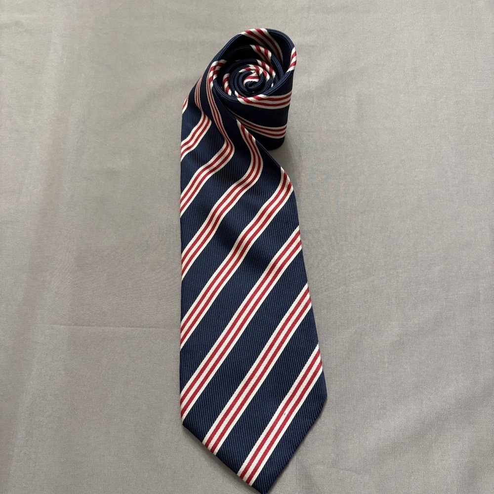 Vintage J Crew Tie Mens Red White Navy Blue Striped Silk Repp 3.75" Italy 90s